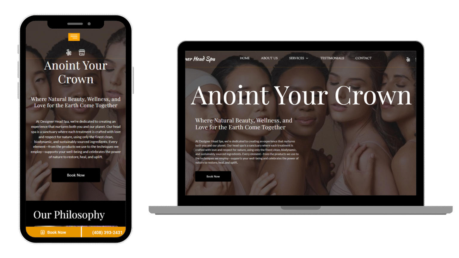 Designer Head Spa website shown on mobile and desktop devices