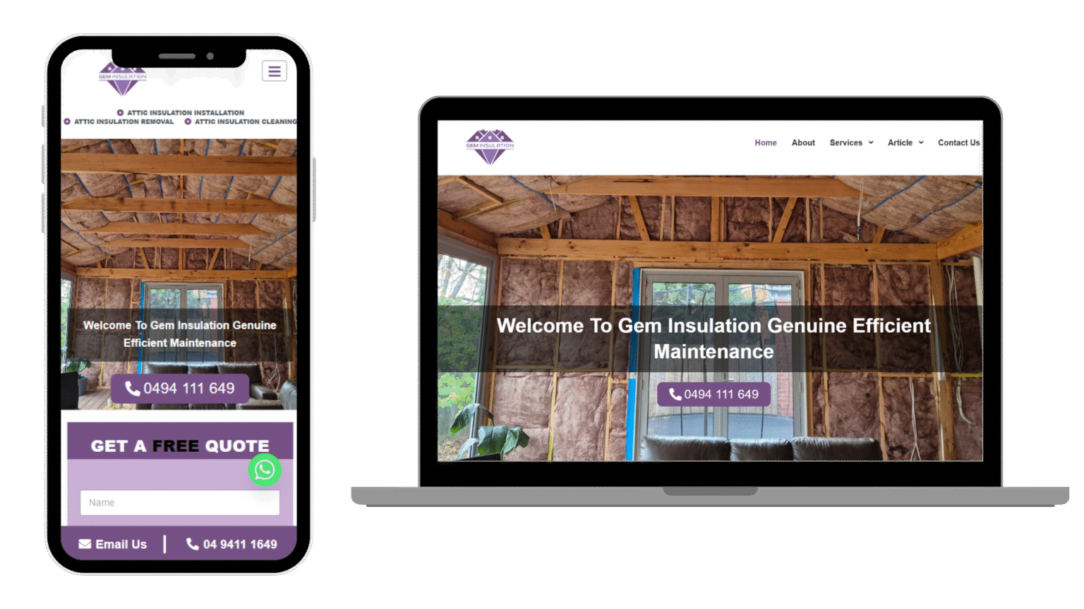 Gem Insulation website shown on mobile and desktop devices